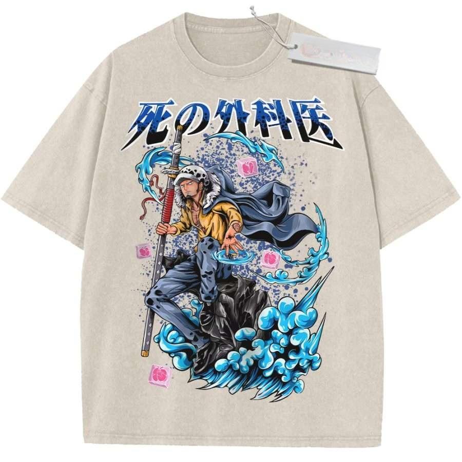 

Oversize Vintage Washed One Piece T Shirt Trafalgar Law Surgeon of Death Blue Water Pink Blocks Japanese Text Streetwear Tee M