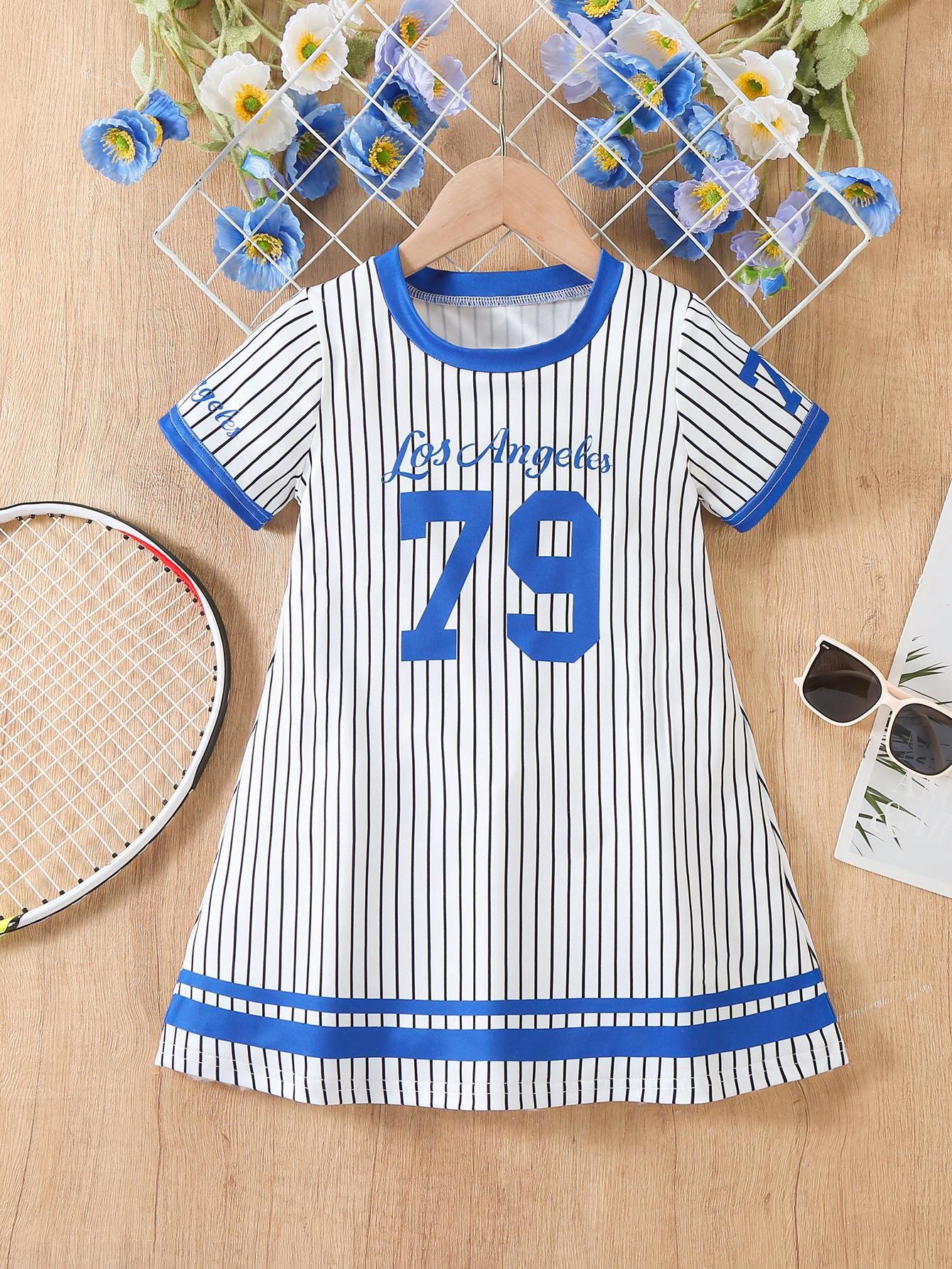 

Girls black and white striped dress with the letter Los Angeles and the number 79 pattern, round neck, short sleeves, spring/summer style. 4Y разноцветный