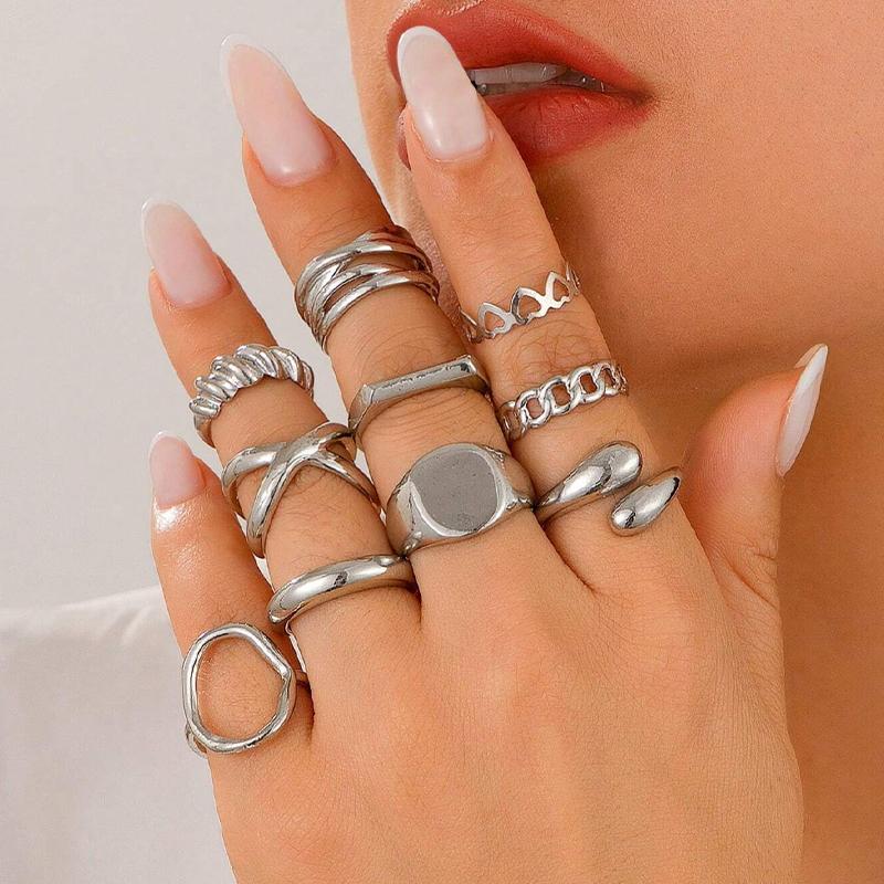 10 Pcs Vintage Minimalist Rings For Women Fashion Hollow Out Geometric Open Ring Daily Wear Party Decoration Jewelry Set Gifts