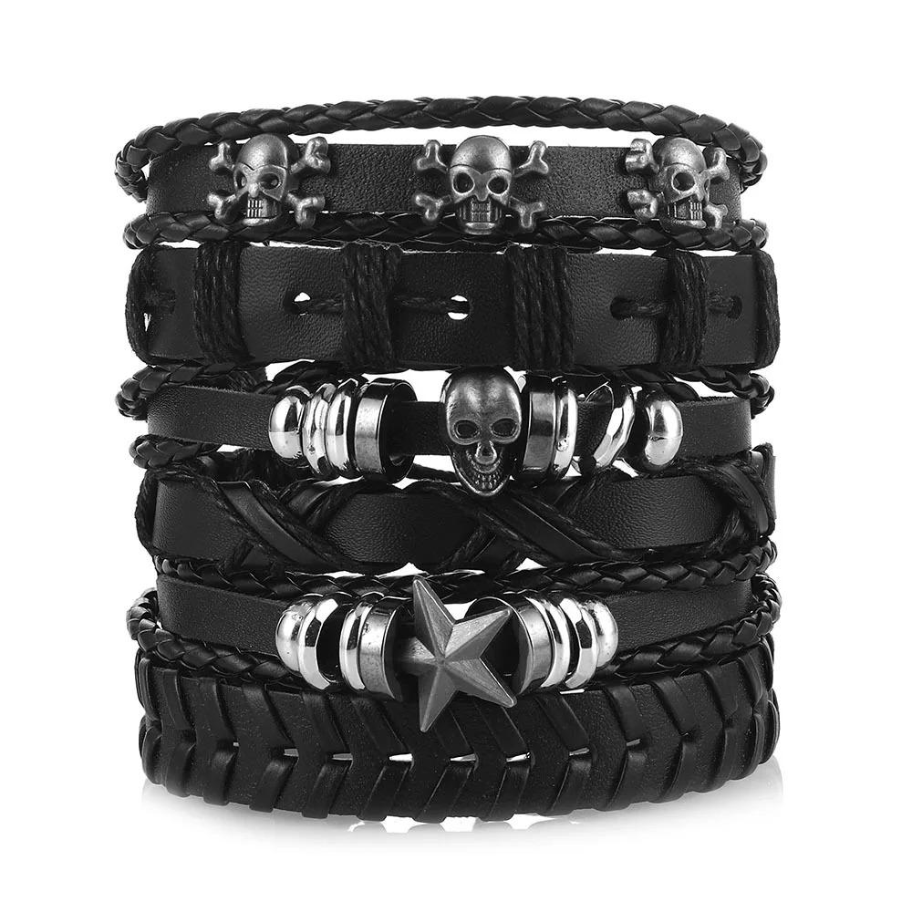 1 Mode-Armband Wikinger-Armband Für Männer Handgelenk-Armbänder Geflochtenes Totenkopf-Hand-Schmuckstück Verstellbares Leder-Set-Armband Für Leder