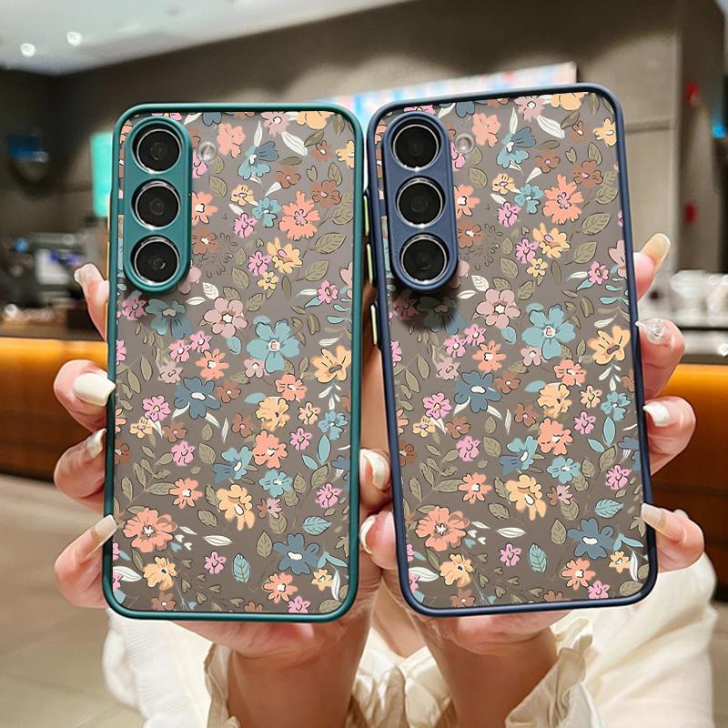 Acrylic Hard Orange Flower Pattern Matte Phone Case for Samsung S25 Ultra S24 Fe S23 S22 A16 A15 A56 A55 A35 Shockproof Clear Soft Edges Case