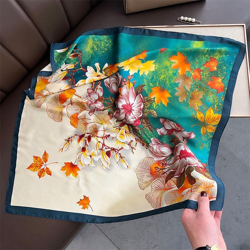 Vibrant Floral Square Scarf 70x70cm Silk Scarves Lightweight Spring Summer Bandana Blue Edge Trim Luxury Shawl Hijab