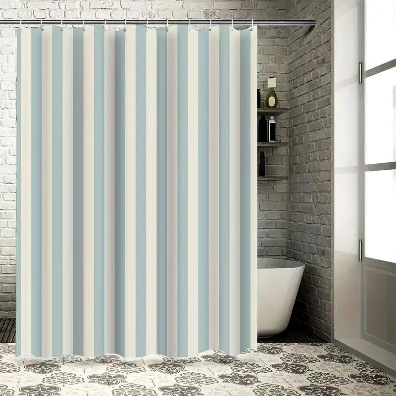 Elegant Blue and White Striped Bathroom Curtain Waterproof Fabric Modern Minimalist Design SpaceSuitable for Wet& Dry Separati