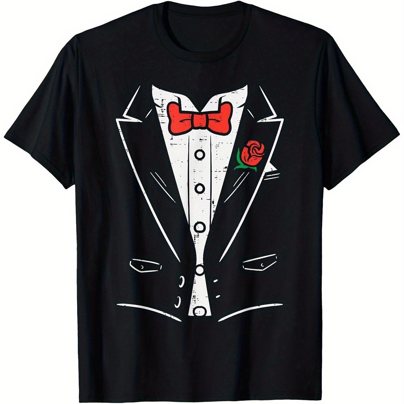 

Tuxedo and Red Rose Graphic Tee Men s Formal Look T-Shirt Breathable Cotton Casual Daily Wear 4XL