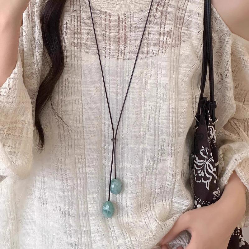 Summer Green Smudge Pendant Long Necklace Rope Women's Retro Decorative Sweater Chain Niche Neck Necklace