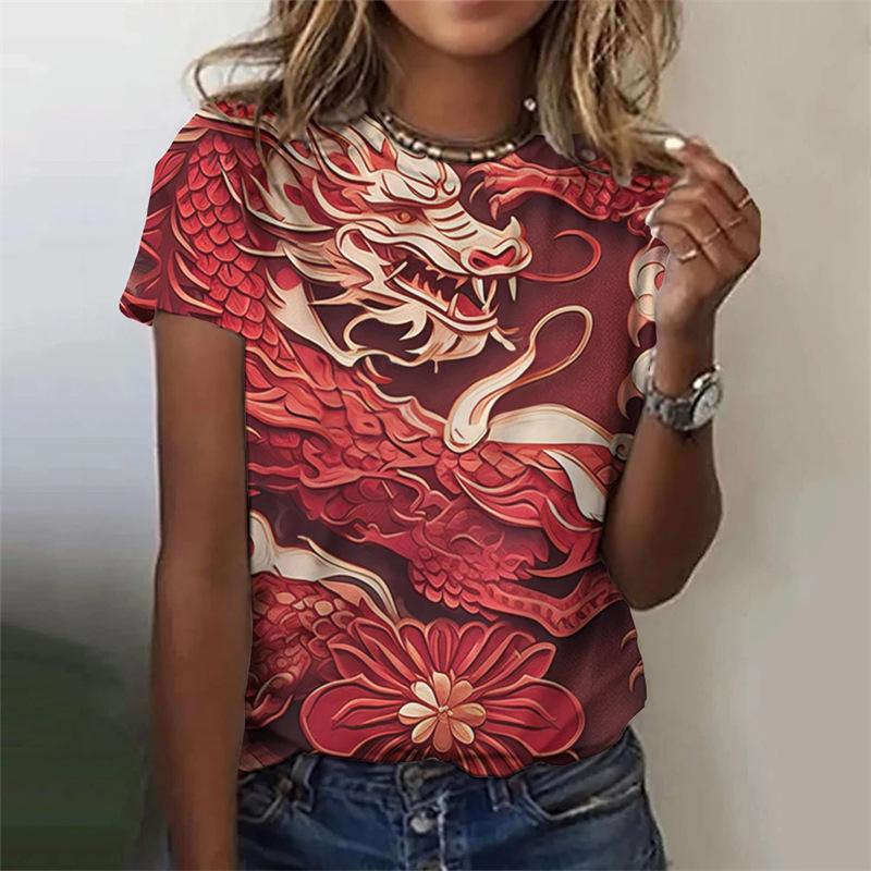Round Neck 3D Dragon Printed Top Fashionable Casual Short Sleeved Women's T-shirts - Soft Medium Stretch Polyester Fabric Summer Relaxed Fit Clothing