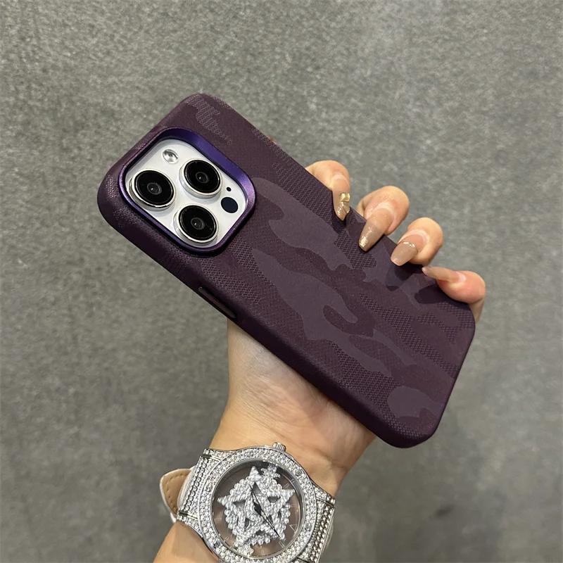 Camouflage Leather Magsafe Case for Iphone 13 14 15pro 12 13Pro 14pro Max Plating Lens Matte Wireless Charging Shockproof Cover