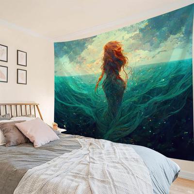 Dreamy Sea View Mermaid Art Tapestry Wall Hanging Multi-Size Home Decor for Living Room Bedroom Dormitory Background Cloth
