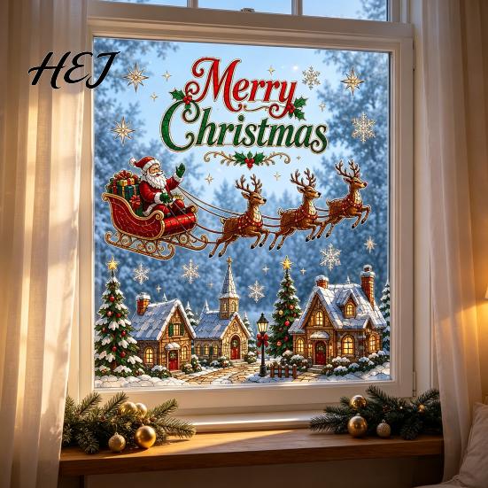 Festive Home Decorations Christmas Window Stickers, Winter Holiday Decorations, Art with Xmas Tree Party Supplies Snowman Angel Patterns for Wall Door