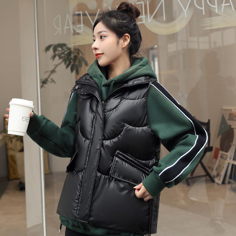 Bright Cotton-padded Jacket Vest Women Loose Autumn and Winter New Joker Washless Horse Clip Short Warm Vest Coat.
