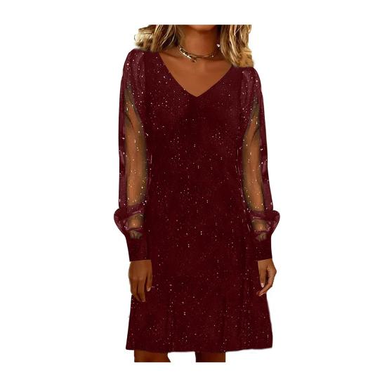 Women's Sparkly Mesh Long Sleeve Mini Dress Glitter V Neck Banquet Cocktail Party Dress Going Out Club Night Outfits