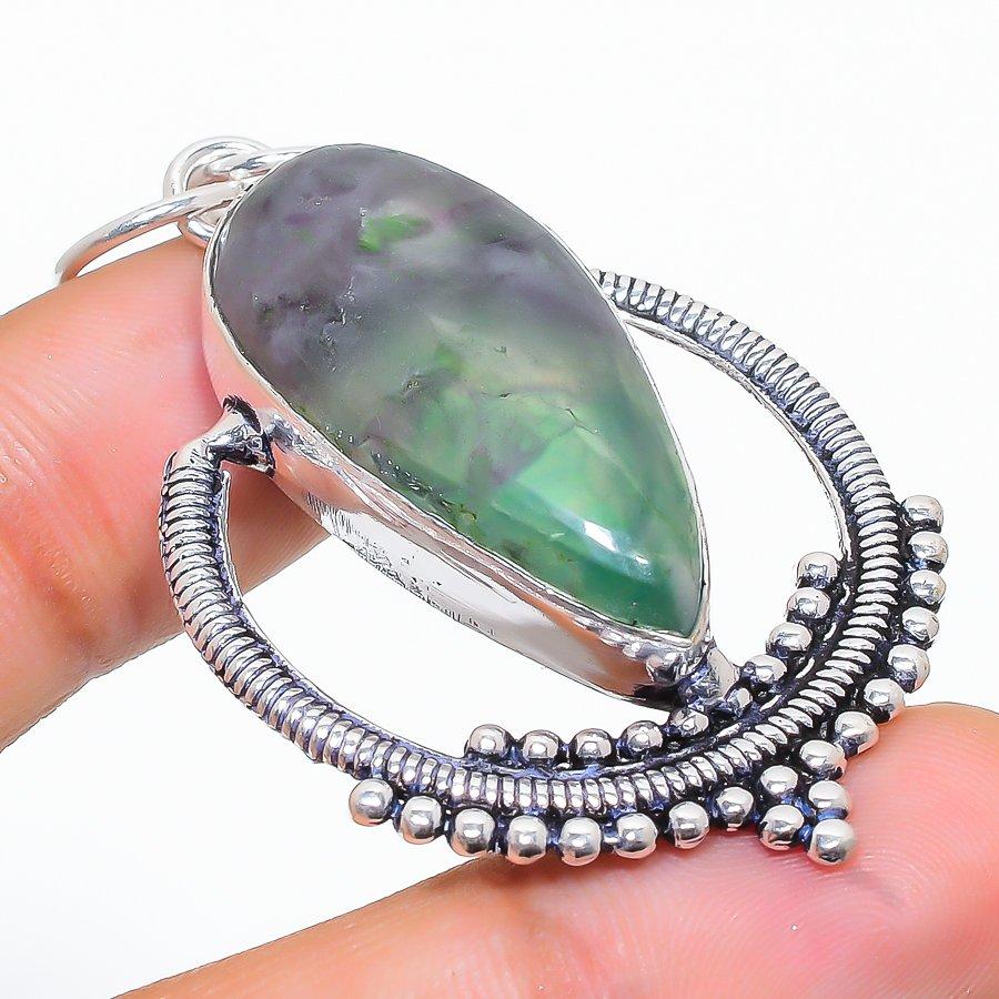 Green Fluorite Gemstone Handmade 925 Sterling Silver Jewelry Pendant 2.29" SU-6906