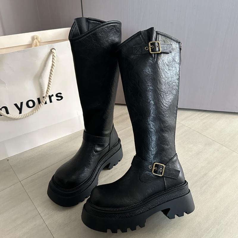 Winter Platform Height Increase Woman Knight High Boots Fashion Belt Buckle Back Zippers Shoes Ladies Punk Modern Long Botas