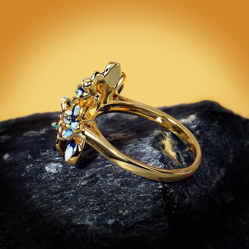 925 Creative Blue Flower Enamel Epoxy Zircon Ring For Women Jewelry Wedding Party Engagement Ring Bohemia