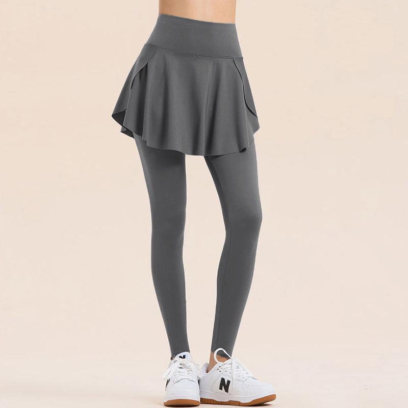 

High-Waisted Faux Two-Piece Quick-Dry Sports Skirt Leggings for Plus Size Women - Waist-Cinched Anti-Exposure Yoga Pants L [Suitable for 50-58 kg] темно-сірий