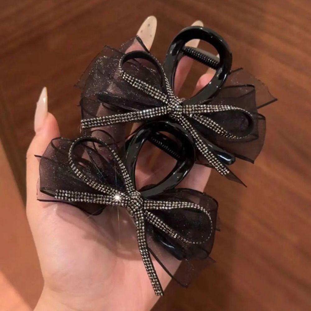 New Crystal Diamond Bow Hair Claw Clip Elegant Korean Rhinestone Shark Clip Hairpin Hair Clamp Hair Accessory for Women Pan Hair