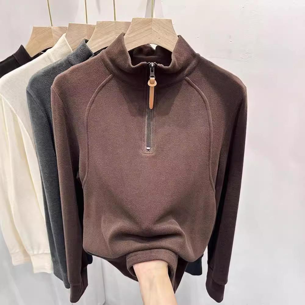Korean Style Fleece Zipper Top - Slimming Half-High Collar, Long-Sleeve, Solid Color (2024 Autumn/Winter)