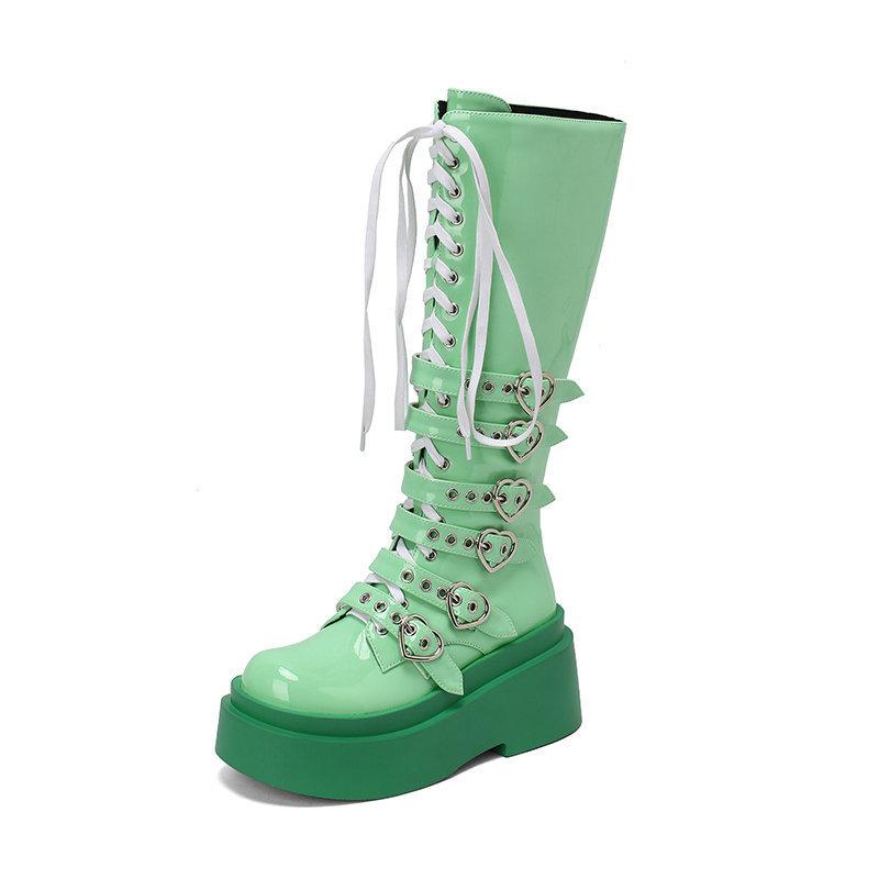 

2025 New 8.5cm Women‘s Thick Bottom Motorcycle Boots Women Punk Knee High Boots Autumn Winter Patent Woman Lace-up Casual Boots 43 зелёный