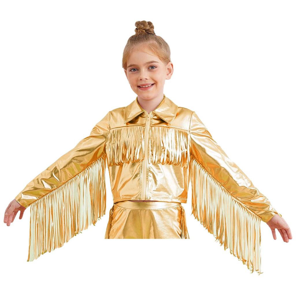 Girls Dance Jacket Metallic Tassel Design Turn Down Collar Long Sleeve Zipper Fringe Party Top