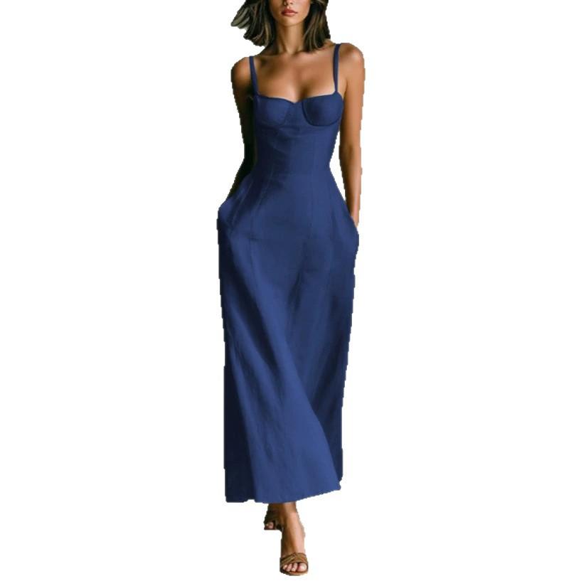 Summer European and American new product temperament waist solid color suspender dress