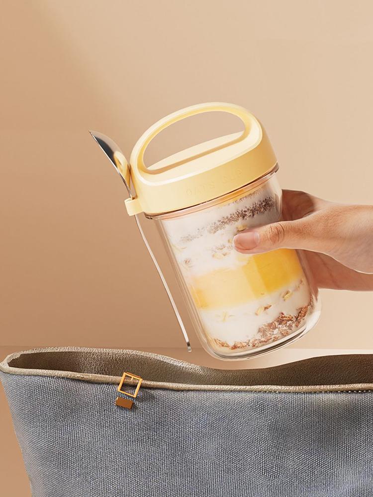 2pcs 430ml Glass Jar with Spoon Overnight Oats Cup Smoothie Cereal Breakfast Mug (Gray+Yellow)