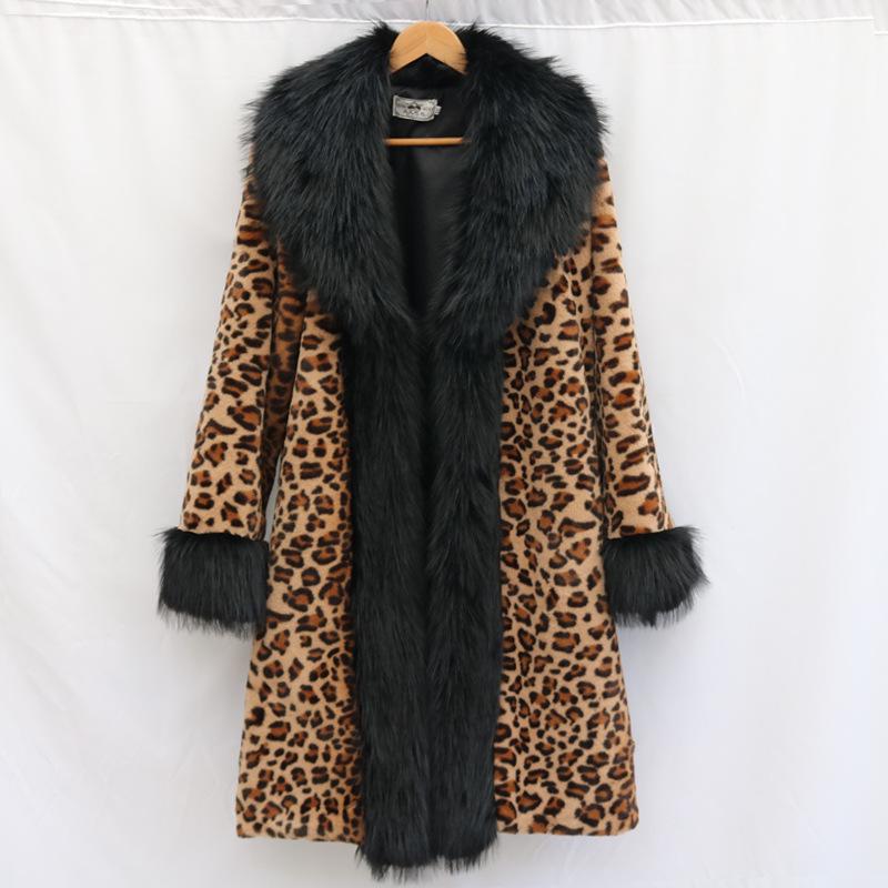 Women's Plus Size Leopard Print Faux Fur Coat with Large Fox Fur Collar - Winter Windbreaker