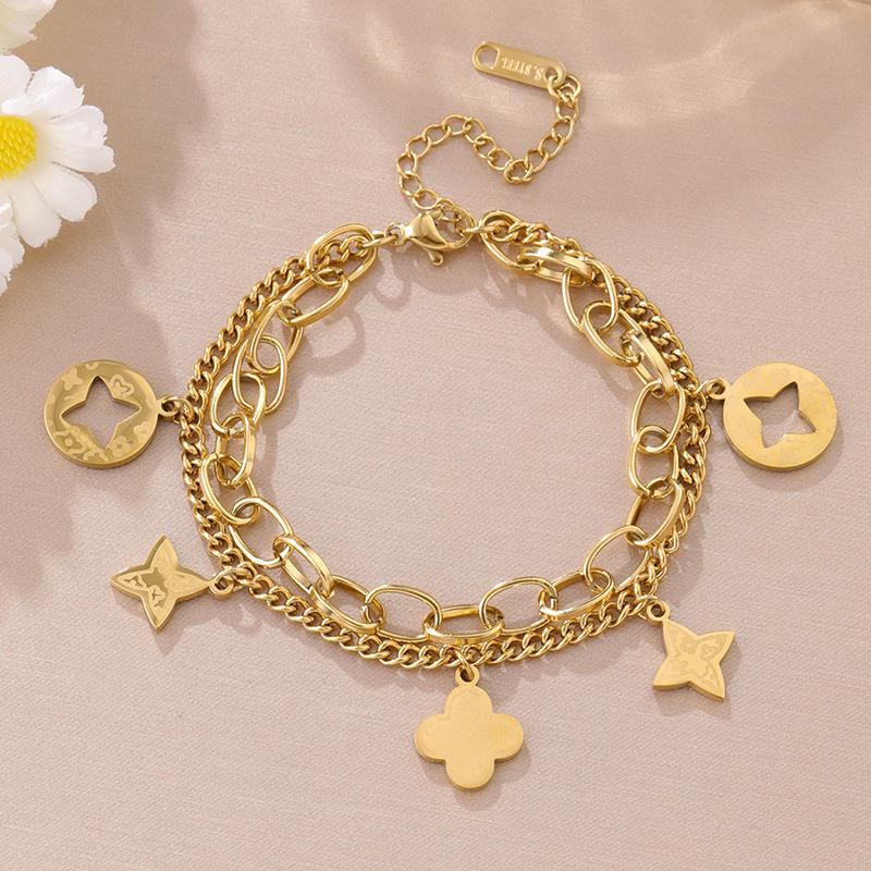 Luxe Titanium Staal Vierbladig Klaver Armband in Koreaanse Stijl met Ingelegde Diamanten voor Vrouwen - Kleurvast