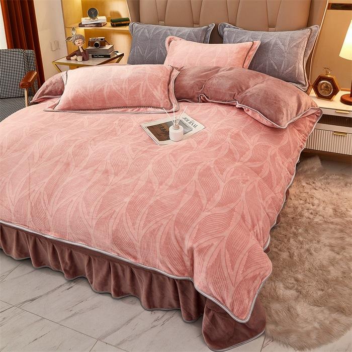 Thickened Milk Fleece Four-Piece Coral Fleece Quilt Cover, Bed Sheet Fleece Double-Sided Fleece Flannel Bedding, Bed Skirt