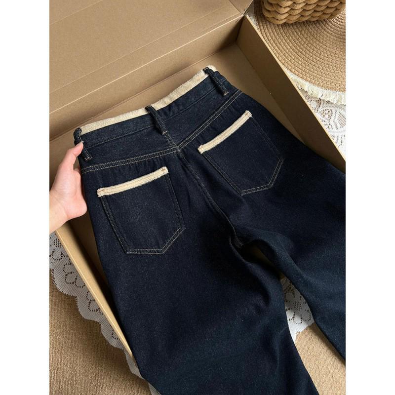 Retro Dark Blue Velvet-Lined Wide-Leg Jeans for Women - Winter 2024 Edition