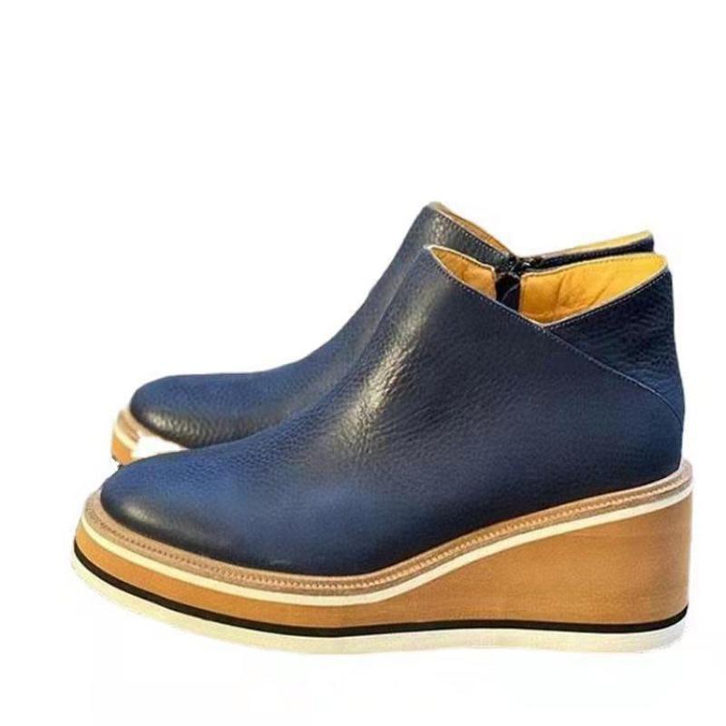 Large size slope heel short boots women's autumn and winter new flat bottom side zipper round head solid color bare boots thick-soled leather boots