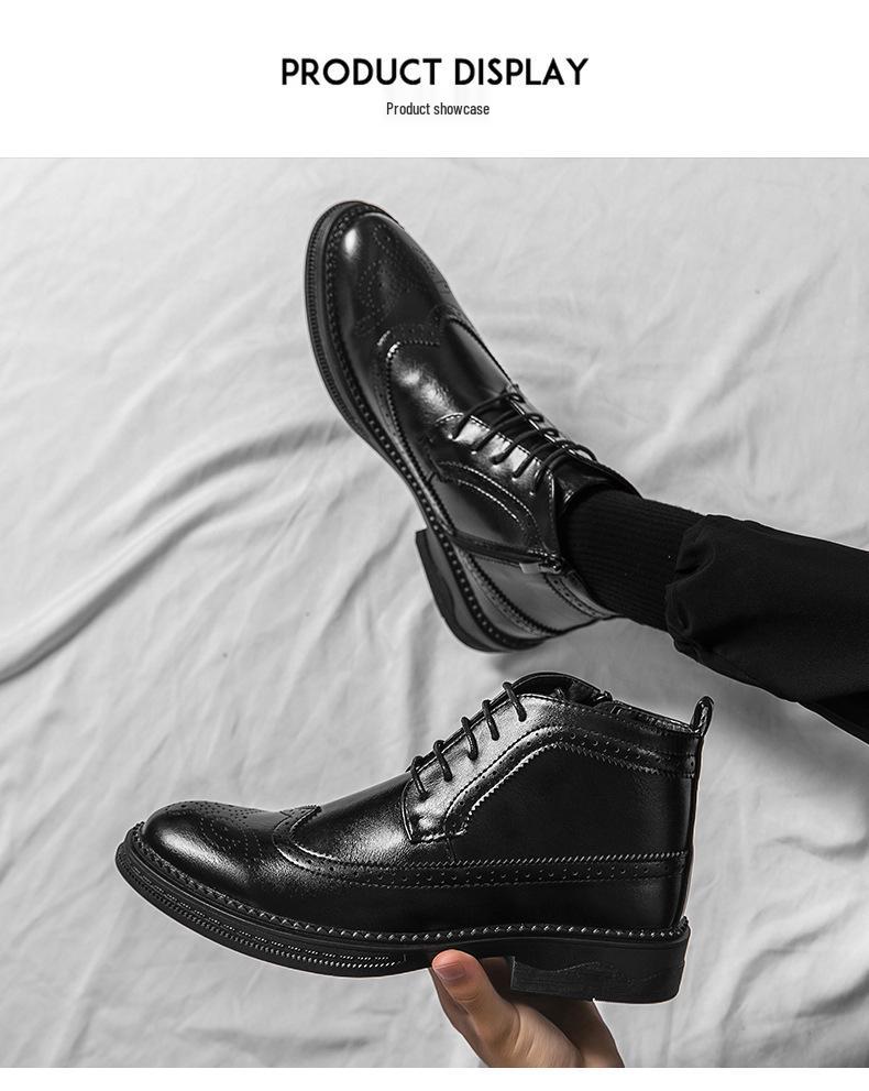 Brogue Martin Men's Autumn Pointed Toe High-Top Leather Chelsea Boots - European & American Mid-Calf Style