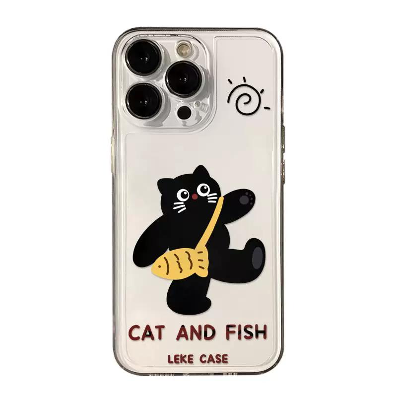 

Cute Black Cat & Fish Clear Phone Case, Cartoon Animal Shockproof Cover for iPhone iPhone 13 PRO MAX разноцветный