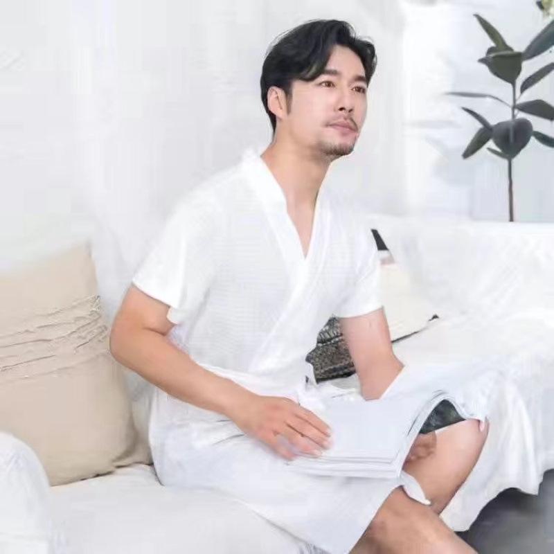 Unisex Waffle Weave Bathrobe: Lightweight, Water-Absorbent Yukata-Style Nightgown for Spring, Summer, and Autumn