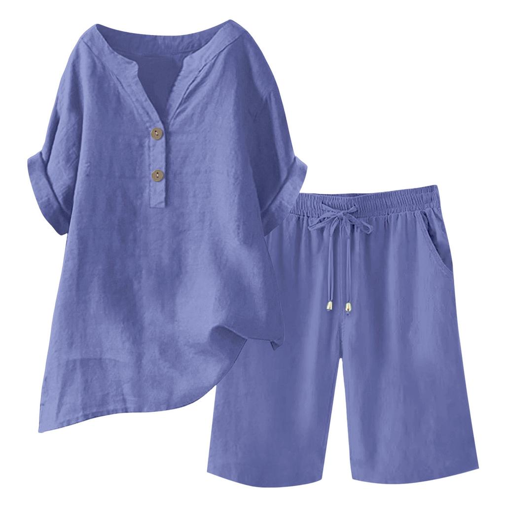 Bomull Linne 2-delade outfits för kvinnor Kortärmad V-ringad topp Vida ben Shorts Set Sommar Vardaglig Lös Lounge Set