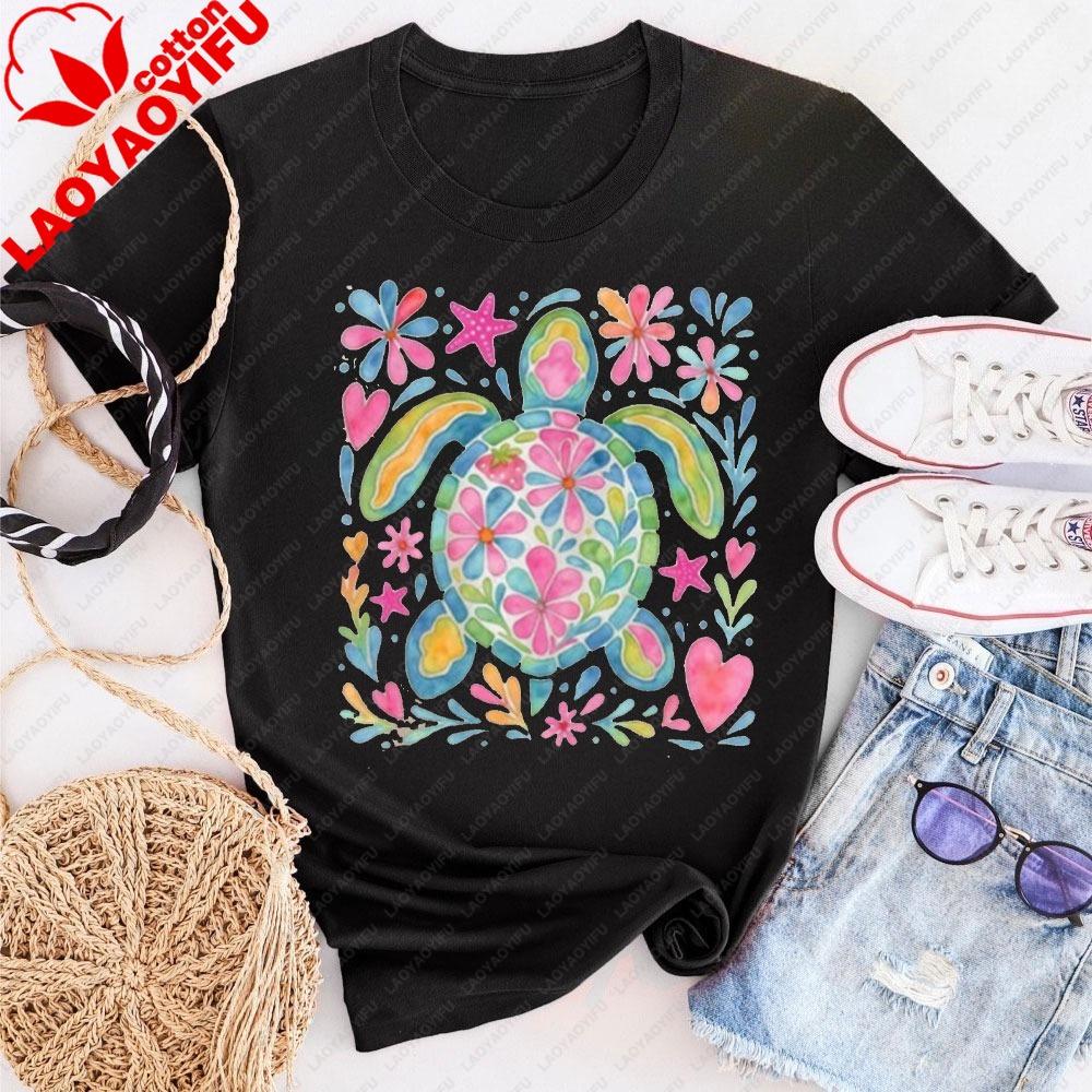 

Retro Turtle Shirt Boho Floral Turtle Tshirt Nautical Beach Shirt Aesthetic Women Gift Summer Beach Vacation Tee Turtle Tops S