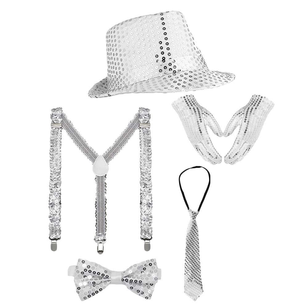 Shiny Sequined Hat Tie Gloves Set Masquerade Disco Stage Performance Costume  for Men Women