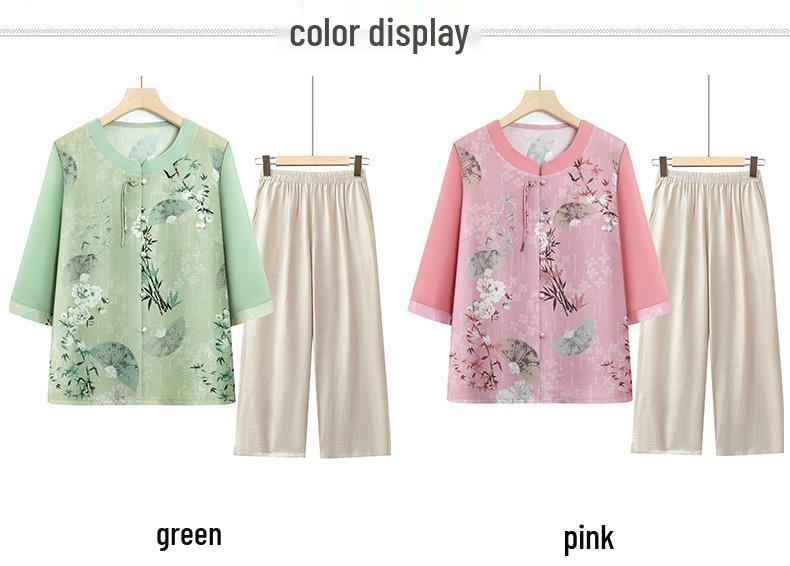 2026 Chinese-Style Two-Piece Set for Grandma: Lightweight Summer Outfit with Seven-Sleeve Top for Moms