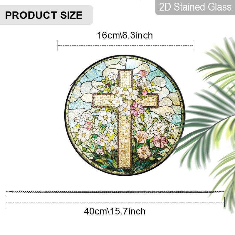2D Flat Stained Glass Christian Cross Wildflower Window Decoration, Holy Colored Glass Plate with Chain, Religious Sun Catcher Wall Art Home Hanging 6.3inch