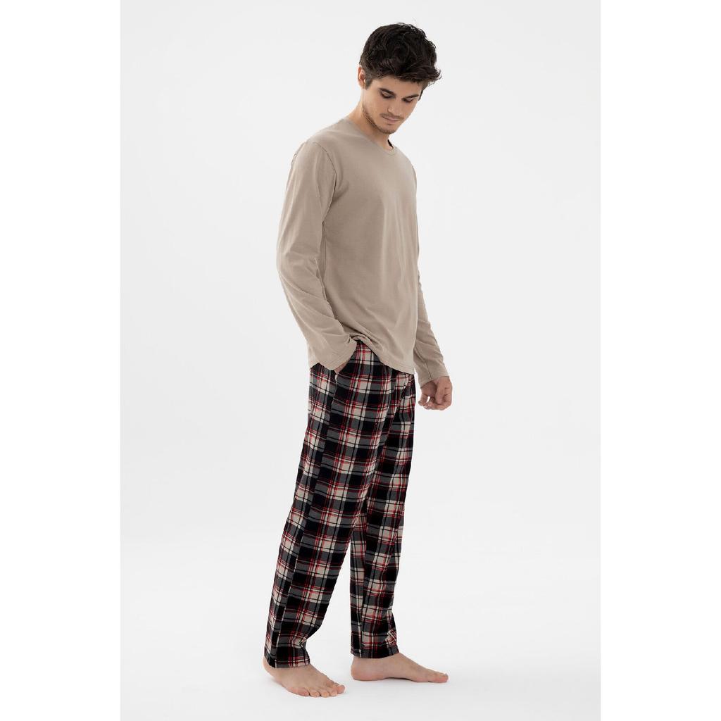 Men's Cotton Long Sleeve Basic Black - Mink Patterned Pocket Detail Pajama Set