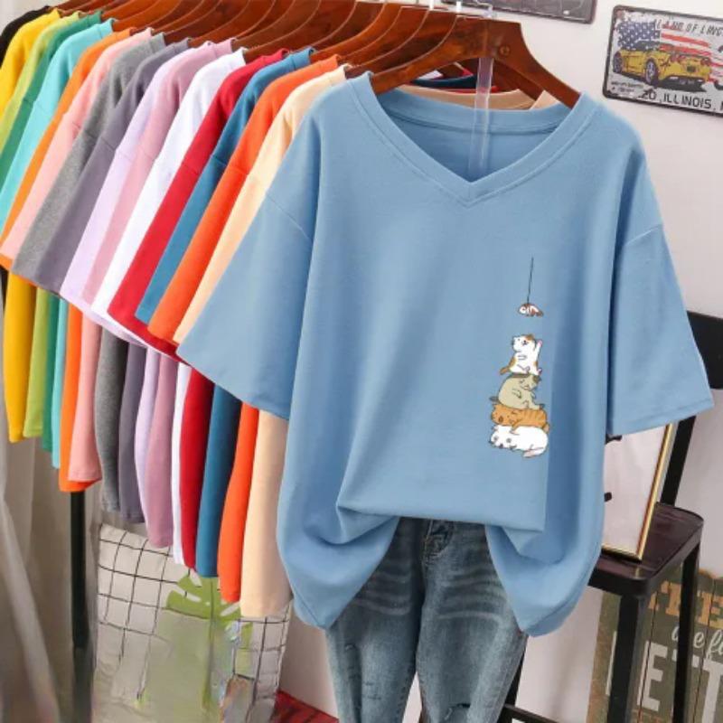 Short-sleeved T-shirt for Women, Large Size, Loose and Slimming, Printed V-neck Top