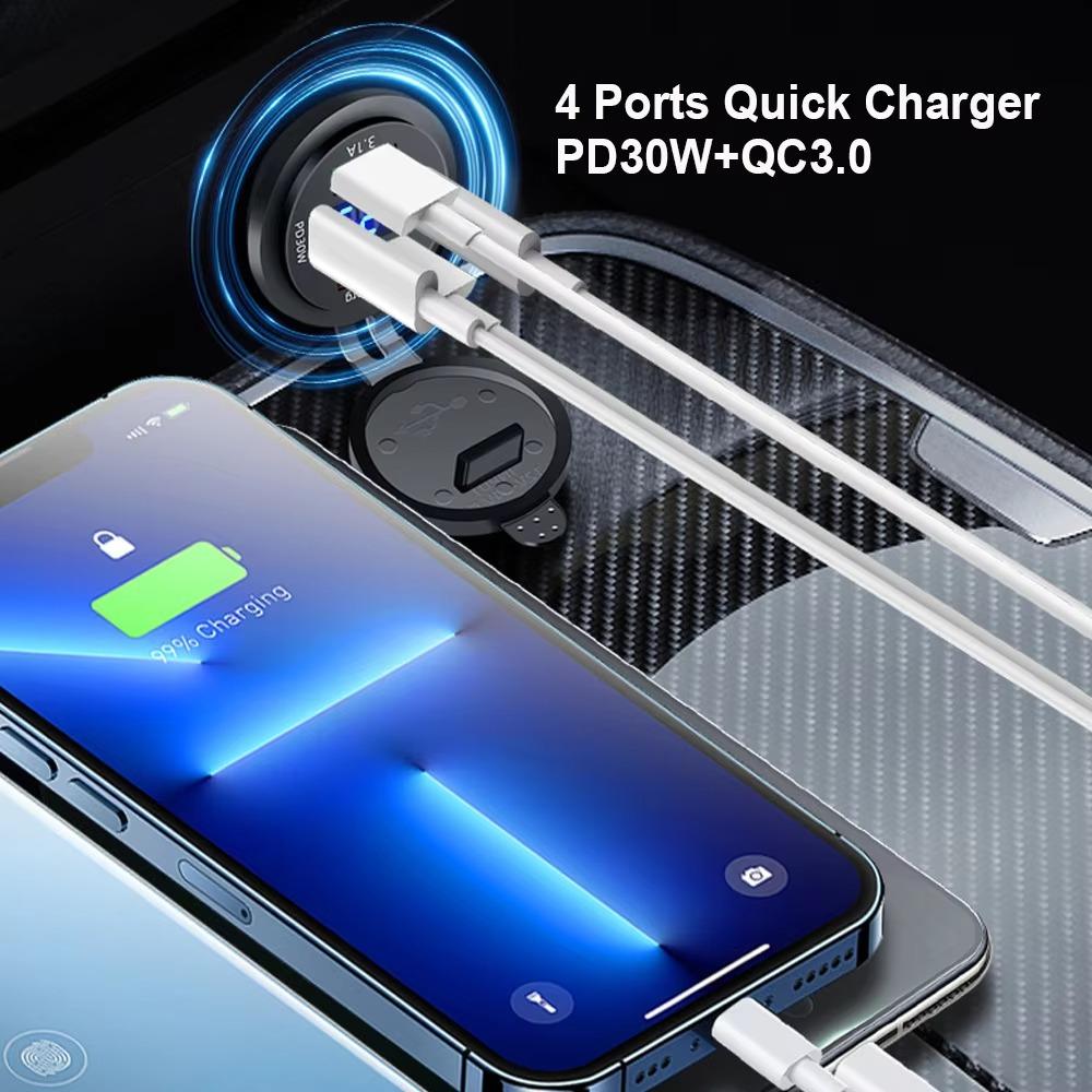83W Car Charger Socket PD30W Fast Charging Dual USB+Type C Outlet Phone Power Adapter with Voltmeter for Motorcycle Truck Boat