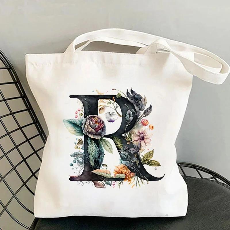 26 Black Alphabet Flower Tote Bags For Women Large Capacity Canvas Casual New Shopping Printed Reusable Handbag Eco Bag Large