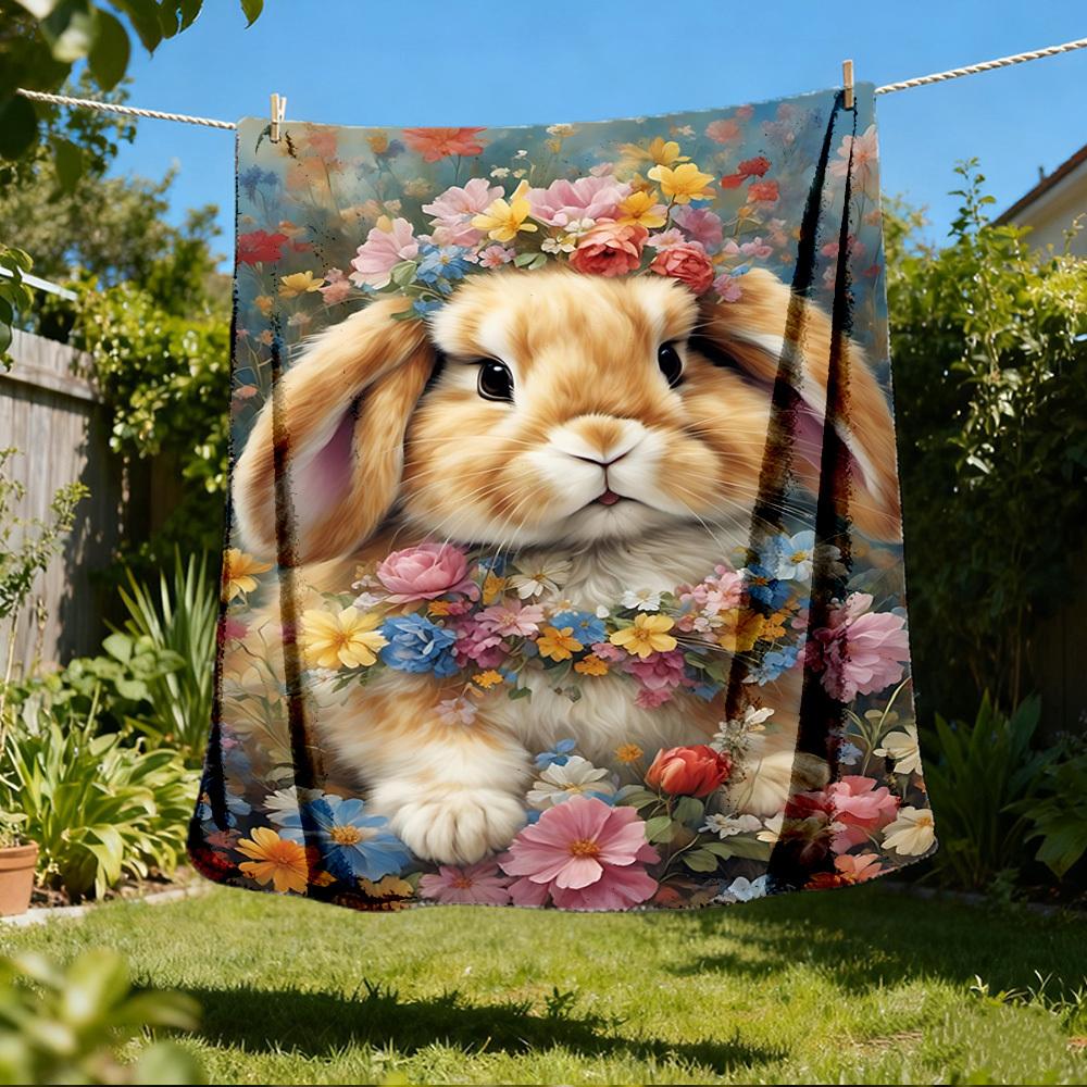 1pc Floral Bunny Ears Outdoor Flannel Blanket , Machine Washable Perfect Gift for Birthday , Holiday Travel Accessory , Durable Material
