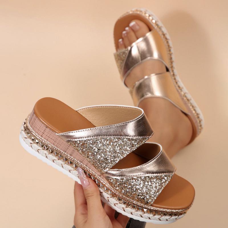 European and American large-size slope heel cool slippers summer new fish mouth buckle thick-soled glossy sandals