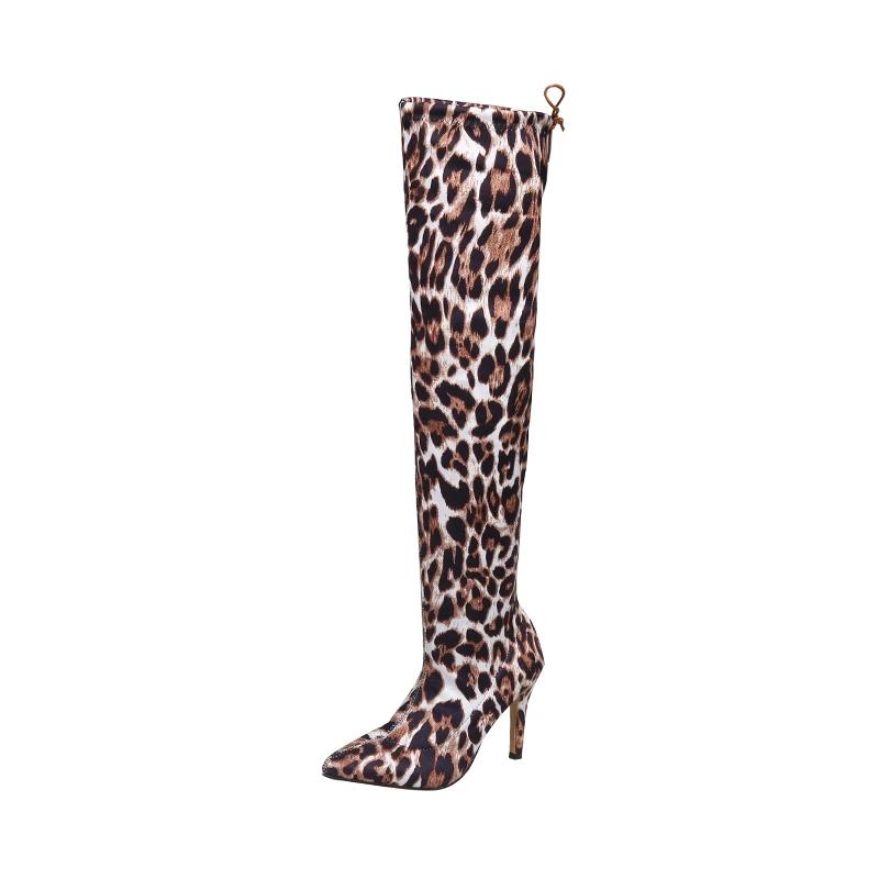

Европейские и американские модные сапоги с леопардовым принтом на высоком каблуке, женские сапоги на толстом каблуке выше колена с эластичной резинкой 43