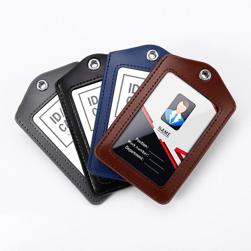 Formal Business ID Badge Holder Durable Real Leather Work Chest Card Pouch with Lanyard Simple Classic Black Stationery