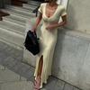 Short-sleeved knitted dress, European and American spring and summer new V-neck slit dress, slim-fitting long dress