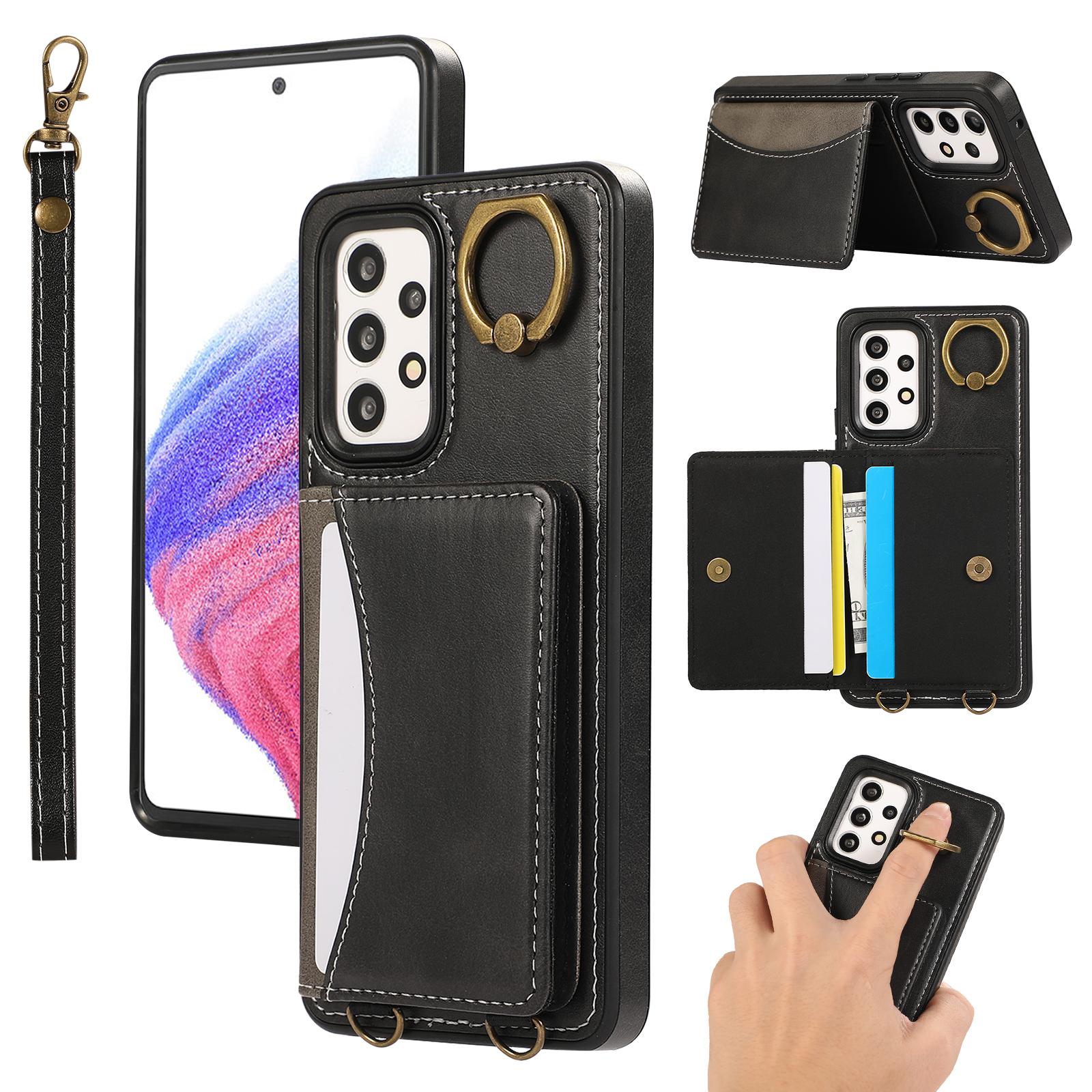 

For Samsung Galaxy A53 5G PU Leather Back Case Card Holder Kickstand Phone Cover with Wrist Strap C