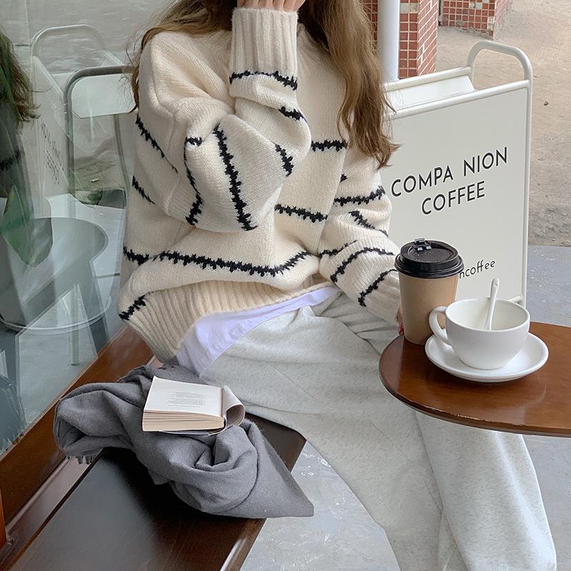 2023 Retro Japanese Striped Half-High Collar Sweater for Women: Thick, Loose, and Long-Sleeved for Autumn and Winter