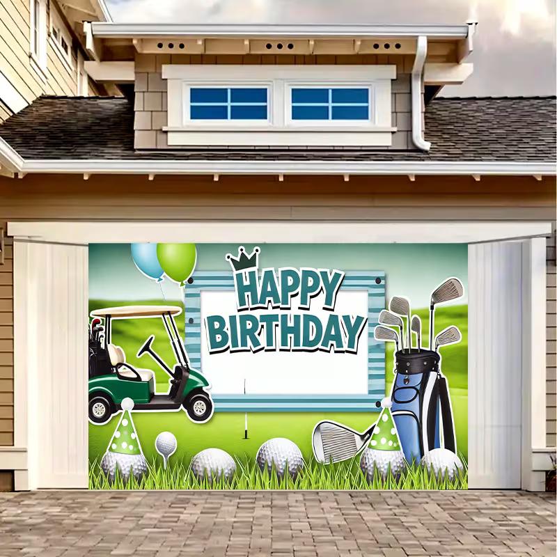 Carrello da Golf 2D Mazza Palla Buon Compleanno Sfondo Erba Verde Banner Sfondo Foto Sportiva
